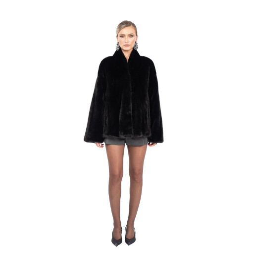 Jacheta blana naturala vizon, guler tip kimono, negru, 60cm