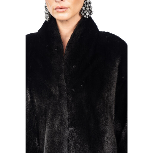 Jacheta blana naturala vizon, guler tip kimono, negru, 60cm