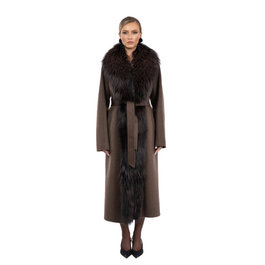 Palton lung de lana cu matase, guler amplu de blana naturala vulpe, chocolate, 120cm