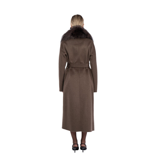 Palton lung de lana cu matase, guler amplu de blana naturala vulpe, chocolate, 120cm