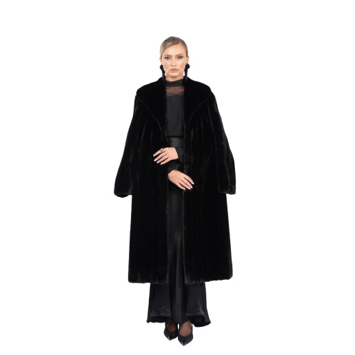 Palton blana naturala vizon, guler geometric, negru, 110cm