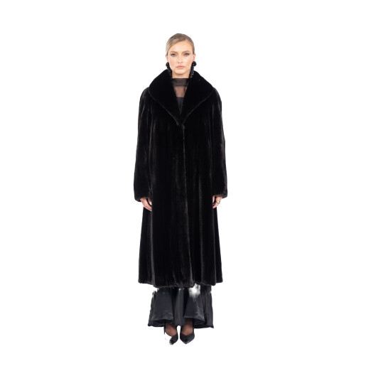 Palton blana naturala vizon, guler geometric, negru, 110cm
