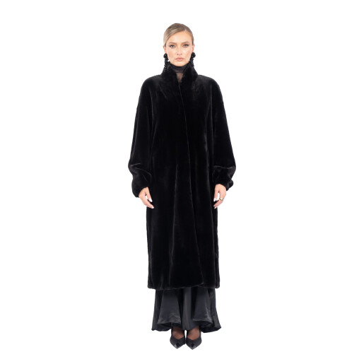 Palton blana naturala vizon, guler tip kimono, negru, 120cm