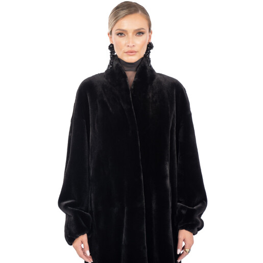 Palton blana naturala vizon, guler tip kimono, negru, 120cm