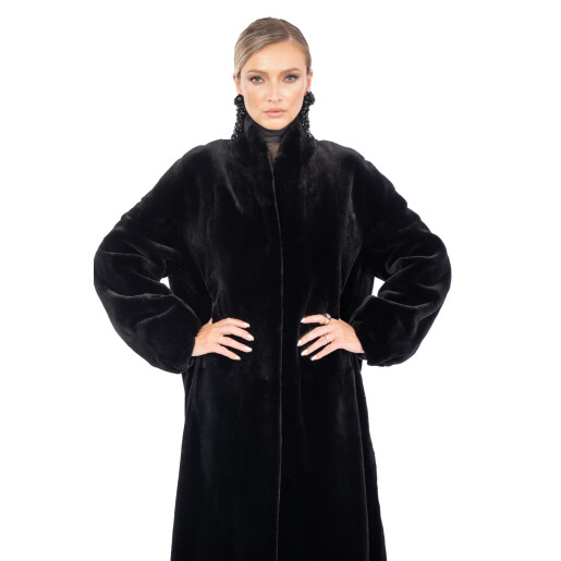 Palton blana naturala vizon, guler tip kimono, negru, 120cm