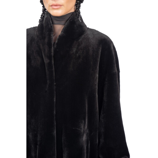 Palton blana naturala vizon, guler tip kimono, negru, 120cm