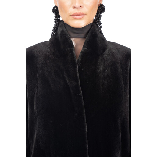 Palton blana naturala vizon, guler tip kimono, negru, 120cm