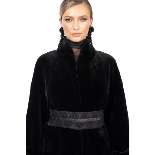 Haina lunga blana naturala vizon, guler tip kimono, negru, 120cm