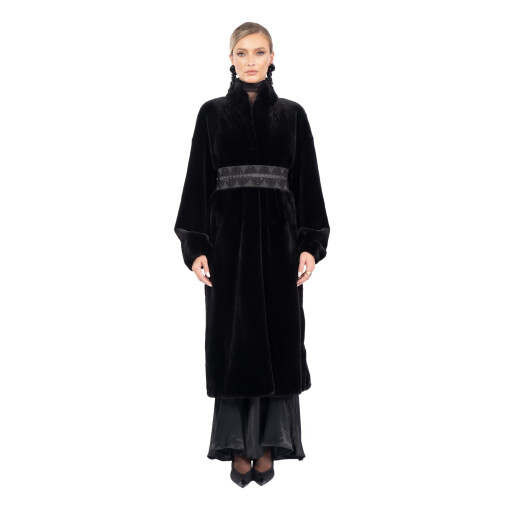 Haina lunga blana naturala vizon, guler tip kimono, negru, 120cm