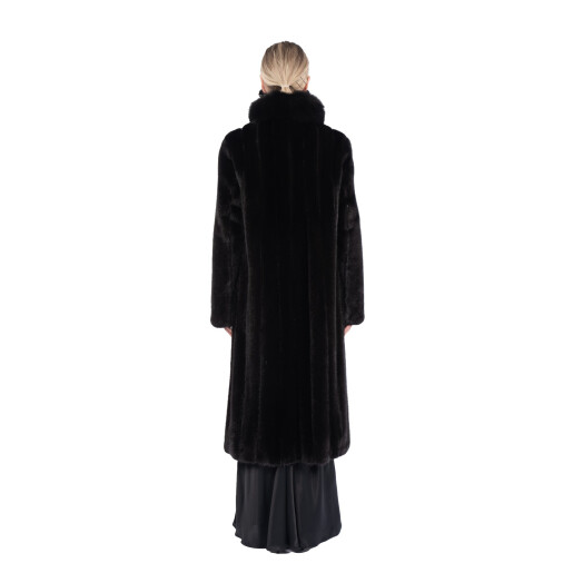 Haina lunga blana naturala vizon, guler de vulpe, negru, 120cm