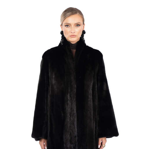 Haina lunga blana naturala vizon, guler tip kimono, negru, 110cm