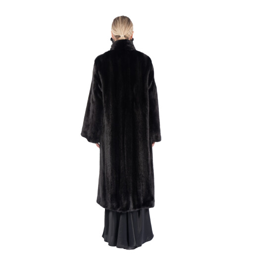 Haina lunga blana naturala vizon, guler tip kimono, negru, 110cm