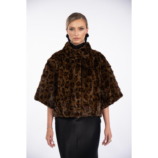 Jacheta blana naturala vizon, animal print, maneci 3/4, 55cm