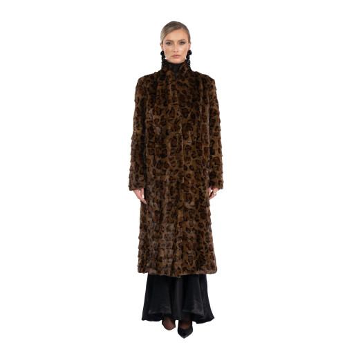 Haina lunga blana naturala vizon, guler tip kimono, animal print, 110cm