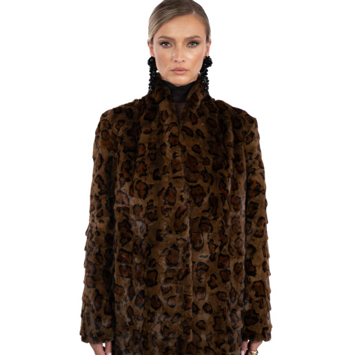 Haina lunga blana naturala vizon, guler tip kimono, animal print, 110cm
