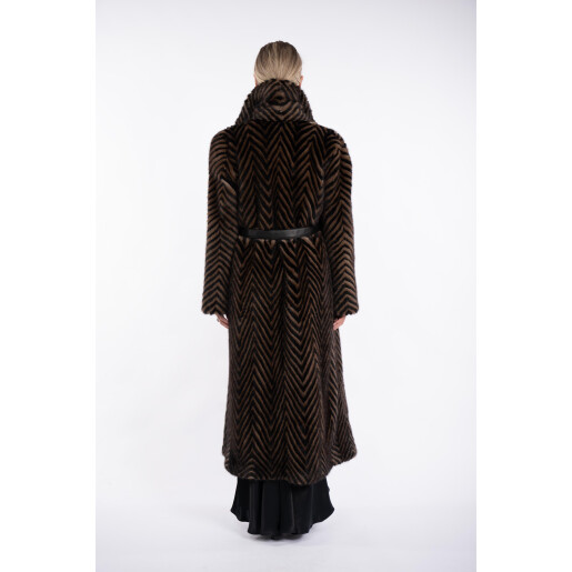 Haina lunga blana naturala vizon, rever dublu, cordon, maro/negru, 120cm