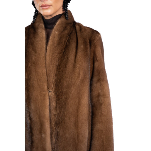 Palton blana naturala vizon, guler tip kimono, culoare naturala maro, 110cm
