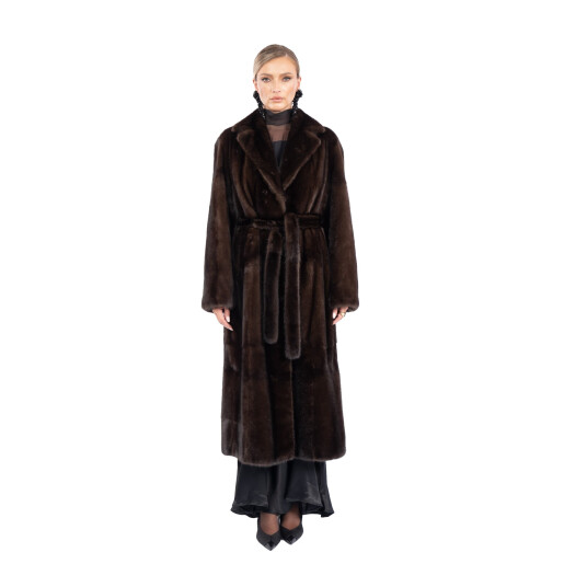 Palton blana naturala vizon, rever dublu scurt, cordon, 120cm