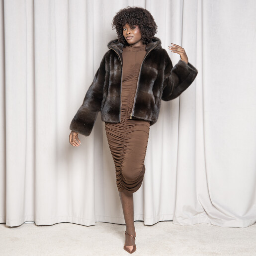 Geaca tip bomber blana naturala vizon, dark brown, 65cm