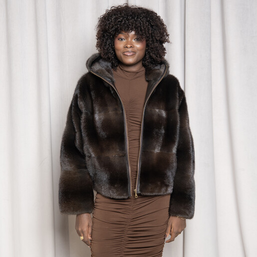 Geaca tip bomber blana naturala vizon, dark brown, 65cm