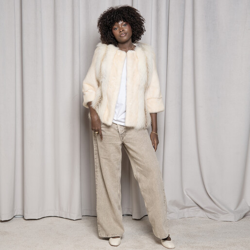 Haina blana naturala vizon si vulpe polara, alb cu bej, 60cm