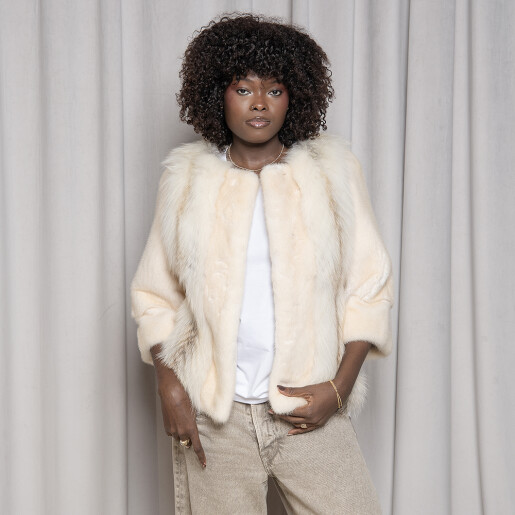 Haina blana naturala vizon si vulpe polara, alb cu bej, 60cm