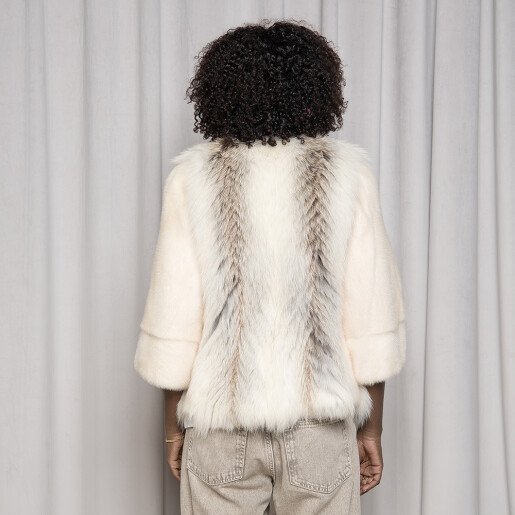 Haina blana naturala vizon si vulpe polara, alb cu bej, 60cm