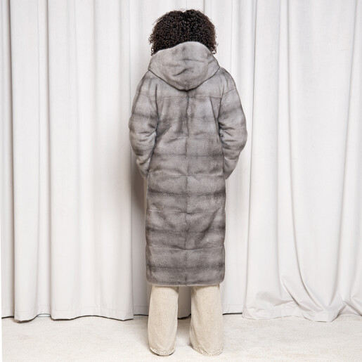 Palton blana naturala vizon, gray saphire, cu gluga, 110cm