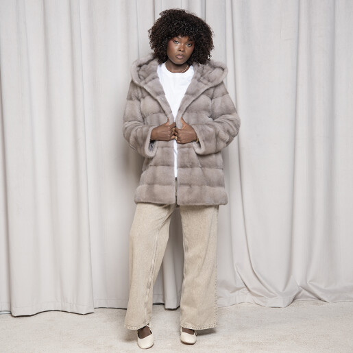 Haina blana naturala vizon, gri, gluga ampla, 80cm