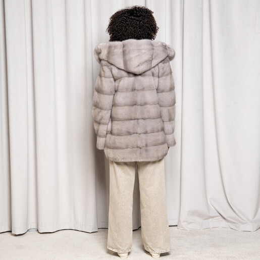 Haina blana naturala vizon, gri, gluga ampla, 80cm