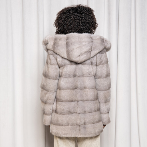 Haina blana naturala vizon, gri, gluga ampla, 80cm