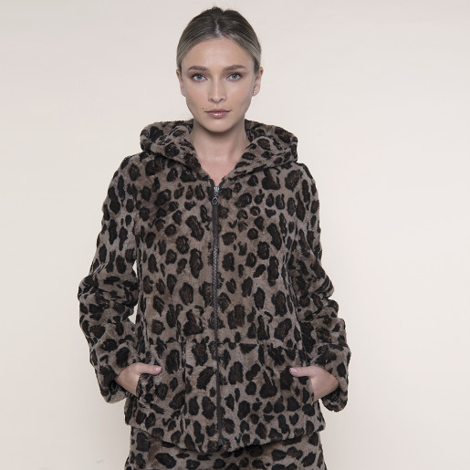 Geaca bomber shearling animal print cu gluga, brown, 62cm