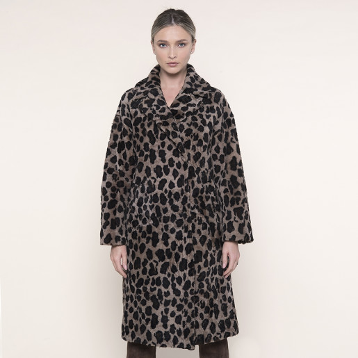 Palton shearling revere largi, animal print brown, 107cm