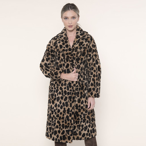 Palton shearling revere largi, animal print gold, 107cm