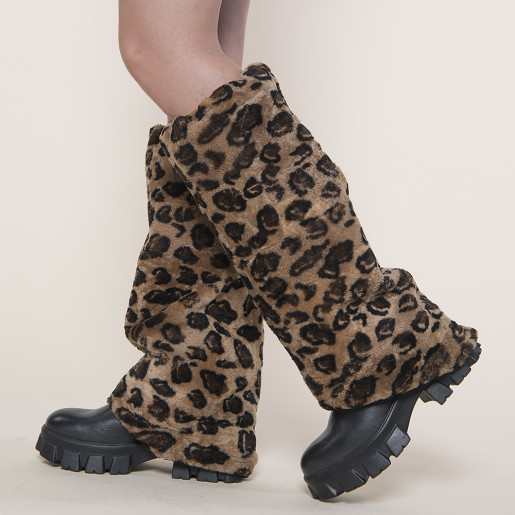 Cizme piele naturala cu jambiere blana naturala animal print brown