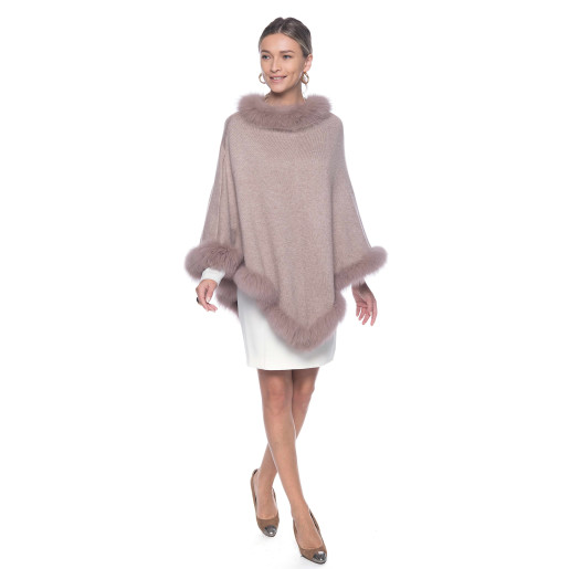 Capa tip Poncho lana 100% cu blana naturala vulpe, bej