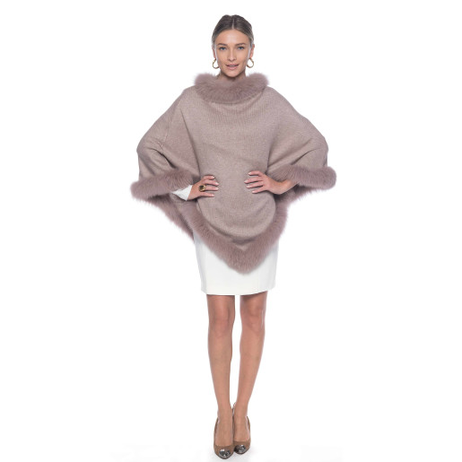 Capa tip Poncho lana 100% cu blana naturala vulpe, bej