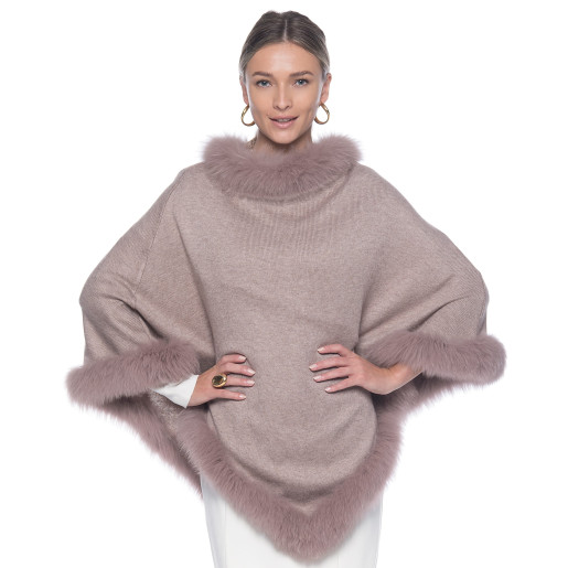 Capa tip Poncho lana 100% cu blana naturala vulpe, bej