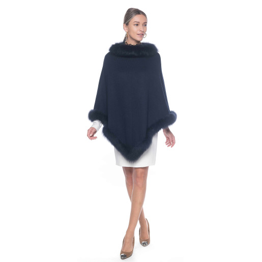 Capa tip Poncho lana 100% cu blana naturala vulpe, gri cenusiu