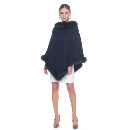 Capa tip Poncho lana 100% cu blana naturala vulpe, gri cenusiu