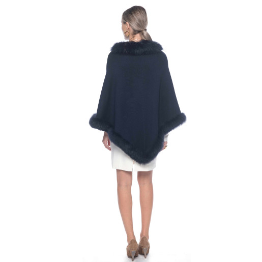 Capa tip Poncho lana 100% cu blana naturala vulpe, gri cenusiu