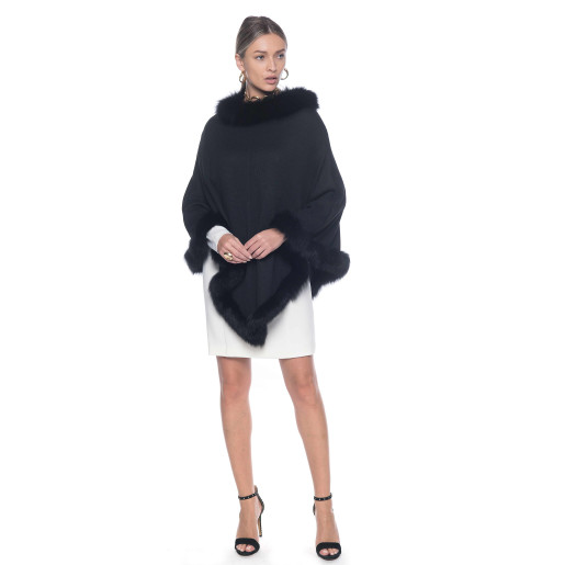 Capa tip Poncho lana 100% neagra cu blana naturala vulpe