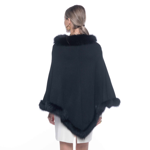 Capa tip Poncho lana 100% neagra cu blana naturala vulpe