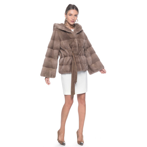 Haina blana naturala vizon, cu gluga, bej pastel, 65 cm 