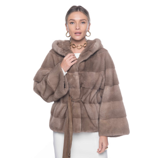 Haina blana vizon/nurca, cu gluga, bej pastel, 65 cm 