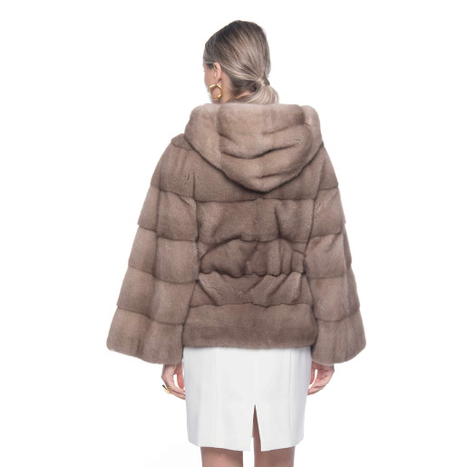 Haina blana naturala vizon, cu gluga, bej pastel, 65 cm 