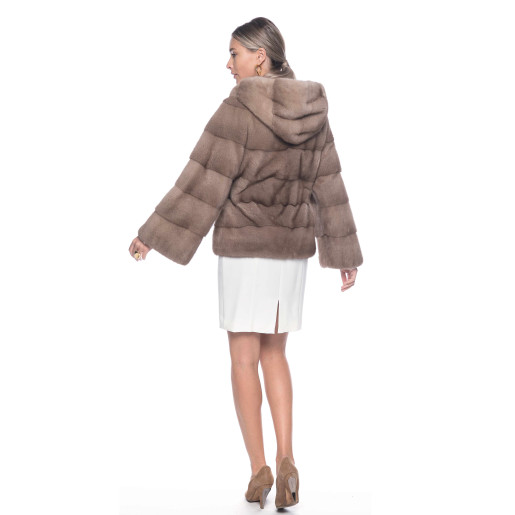 Haina blana vizon/nurca, cu gluga, bej pastel, 65 cm 