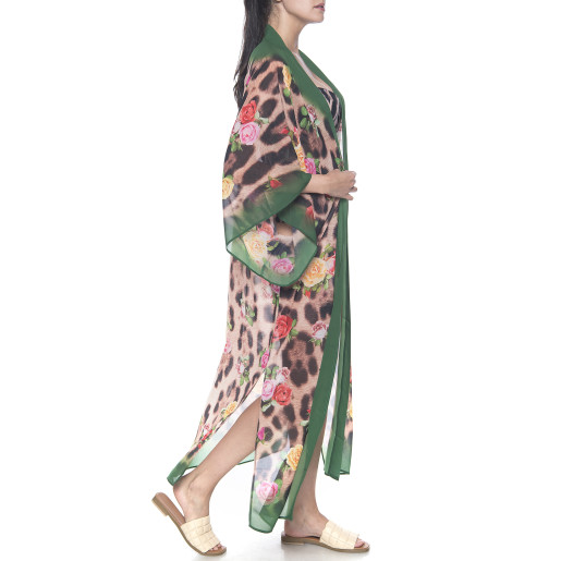 Kimono deschis Feline Moves Roses, voal transparent