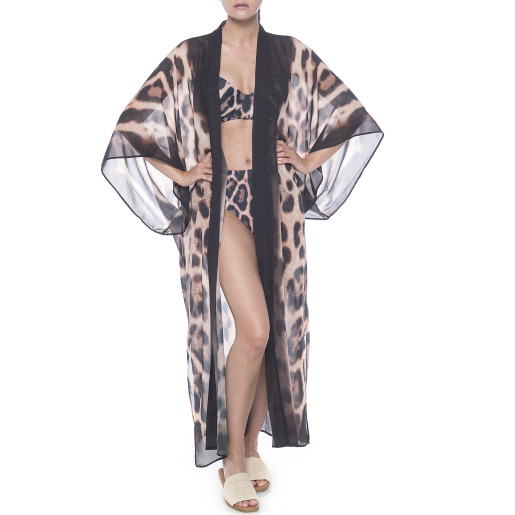 Kimono deschis Feline Moves bordura maro, voal transparent