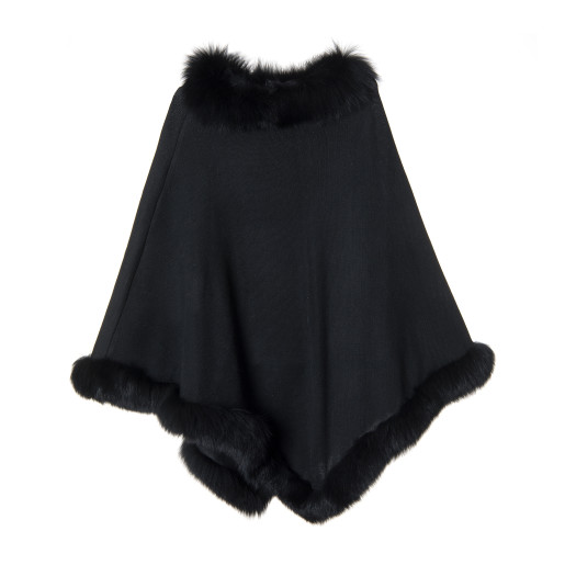 Capa tip Poncho lana 100% neagra cu blana naturala vulpe